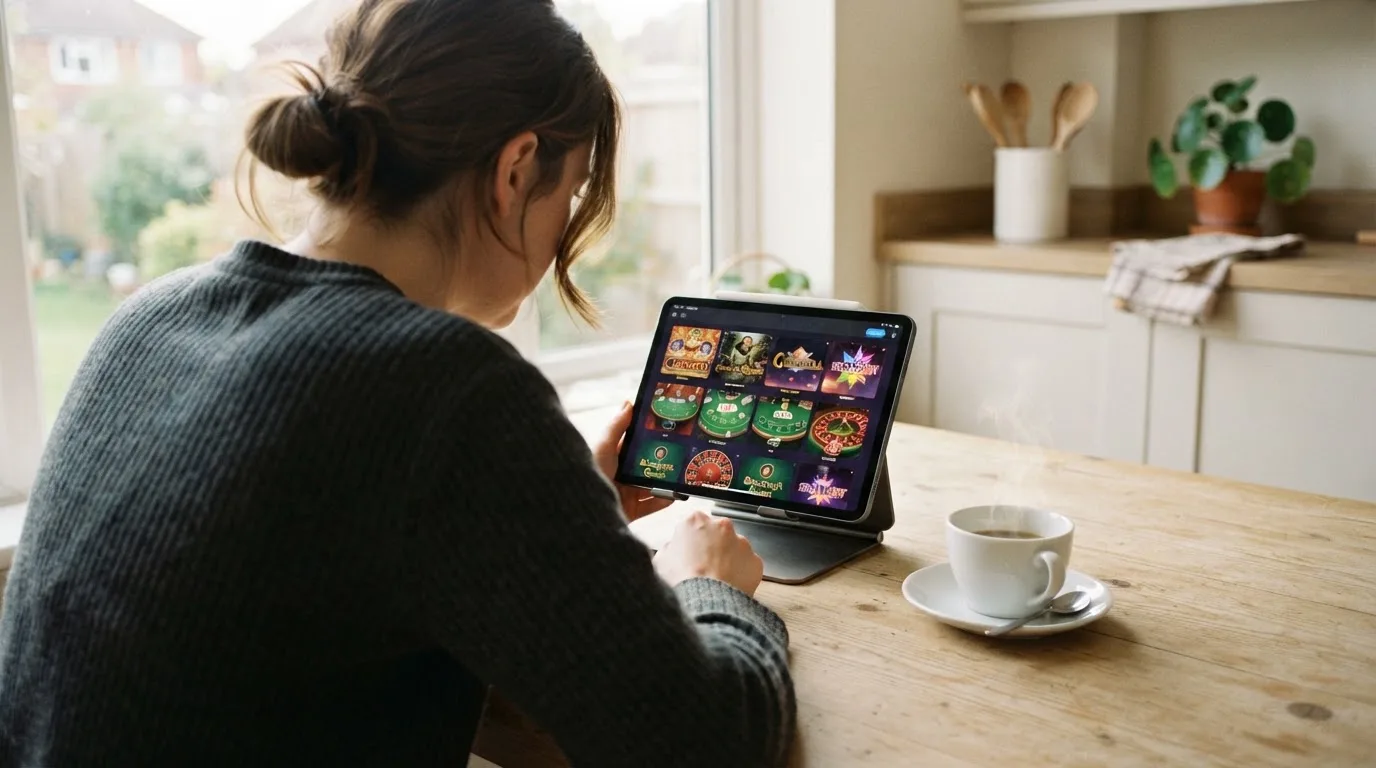 Een persoon bekijkt op een tablet een overzicht van casinospellen aan een keukentafel, met een kop koffie ernaast.