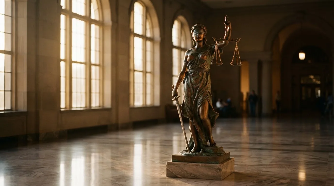 Een bronzen vrouwe Justitia met weegschaal staat voor een grote raampartij in een statig gerechtsgebouw, met zacht ochtendlicht.