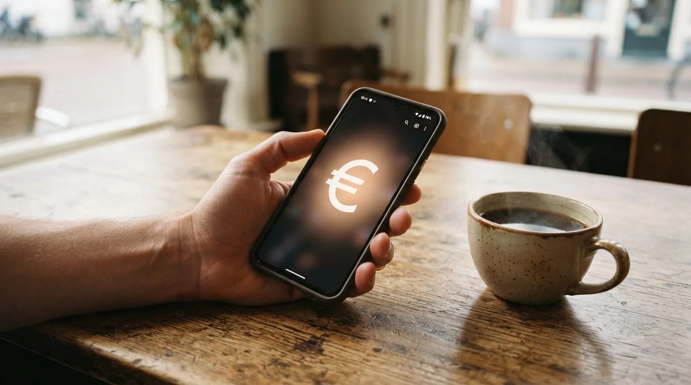 Een hand houdt een smartphone vast boven een houten tafel met een kopje koffie ernaast, in zacht daglicht.
