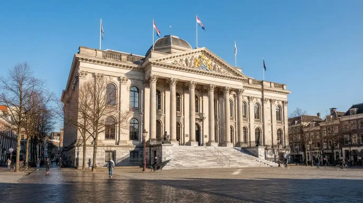 Een statig gerechtsgebouw met brede trappen en zuilen staat onder een heldere hemel in een Nederlandse stad.