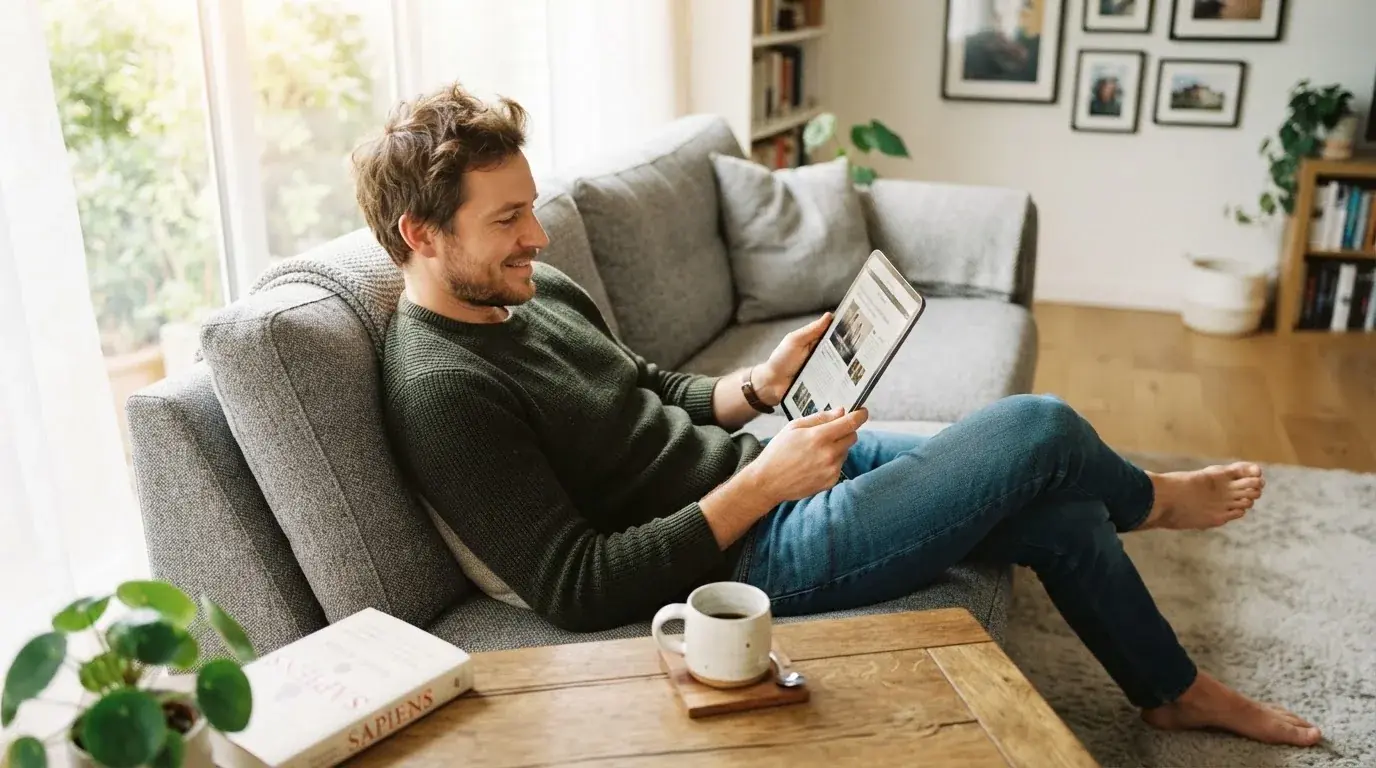 Een man bekijkt ontspannen een tablet op de bank in een lichte woonkamer met een kop koffie op de salontafel.