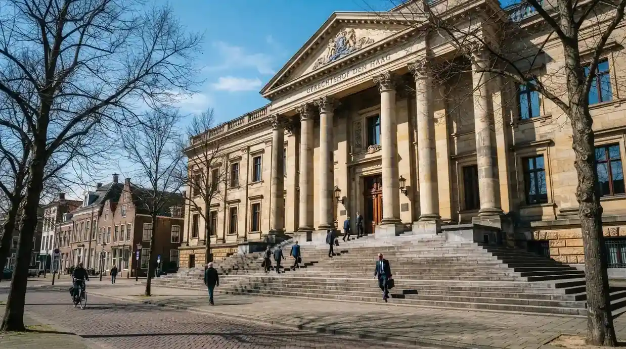 Een klassiek gerechtsgebouw met hoge zuilen staat onder een blauwe lucht in een Nederlandse binnenstad.