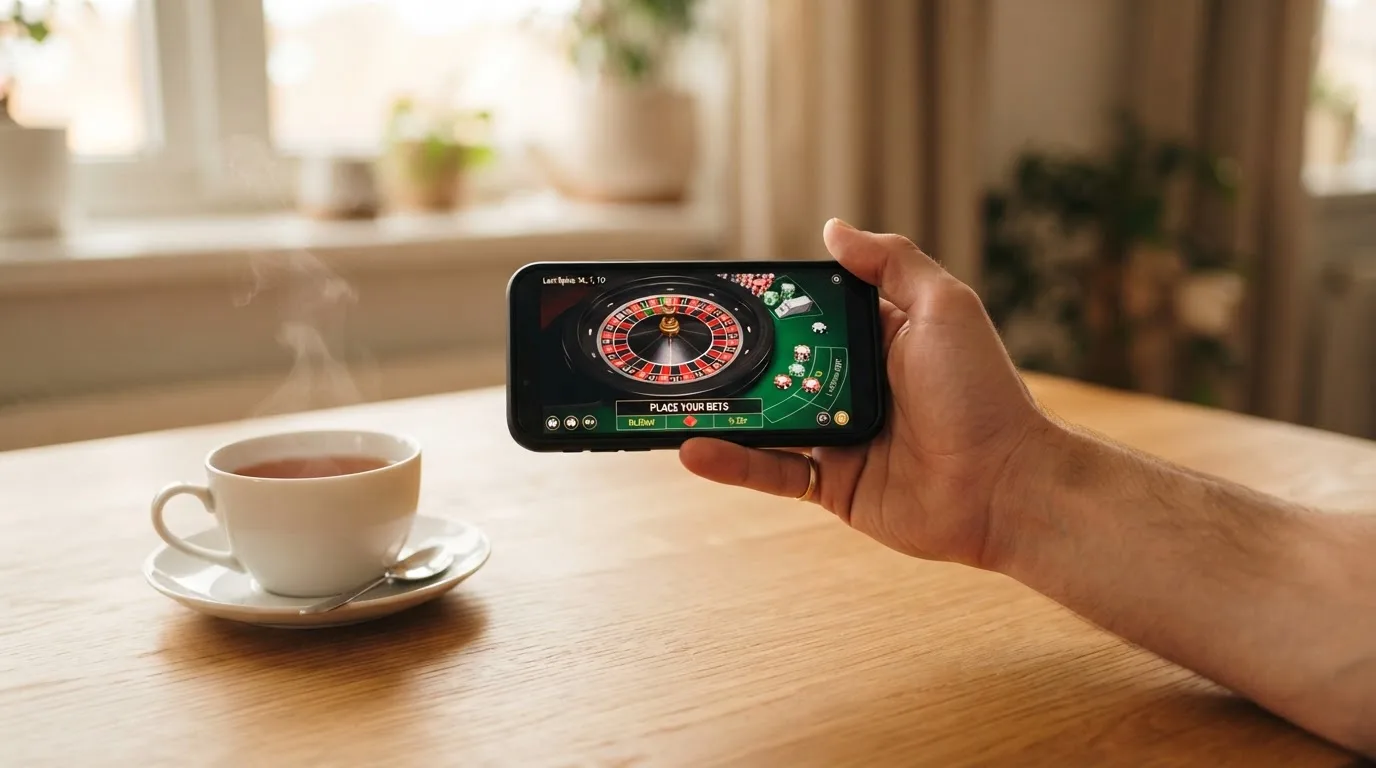 Een hand houdt een smartphone vast boven een houten tafel met een kopje thee ernaast, in zacht daglicht.