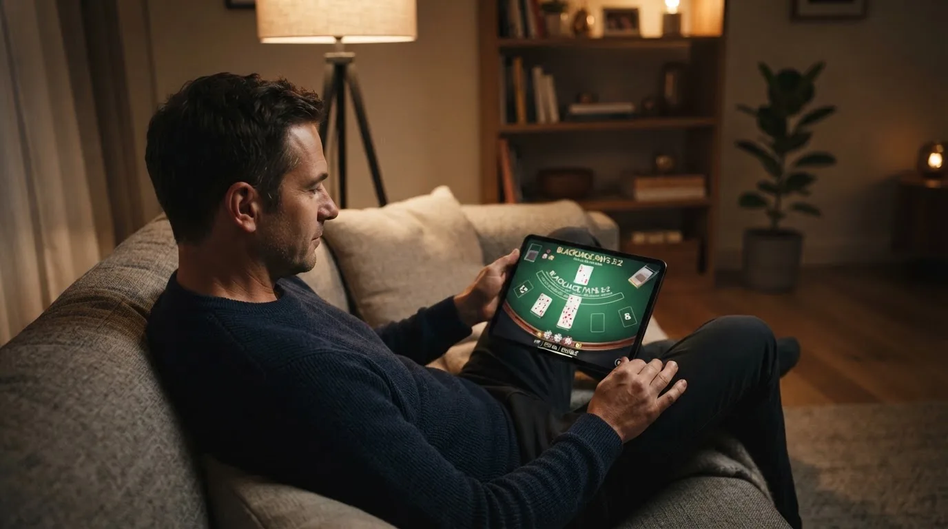Een man bekijkt laat op de avond een tablet op de bank, verlicht door een staande lamp in een rustige woonkamer.