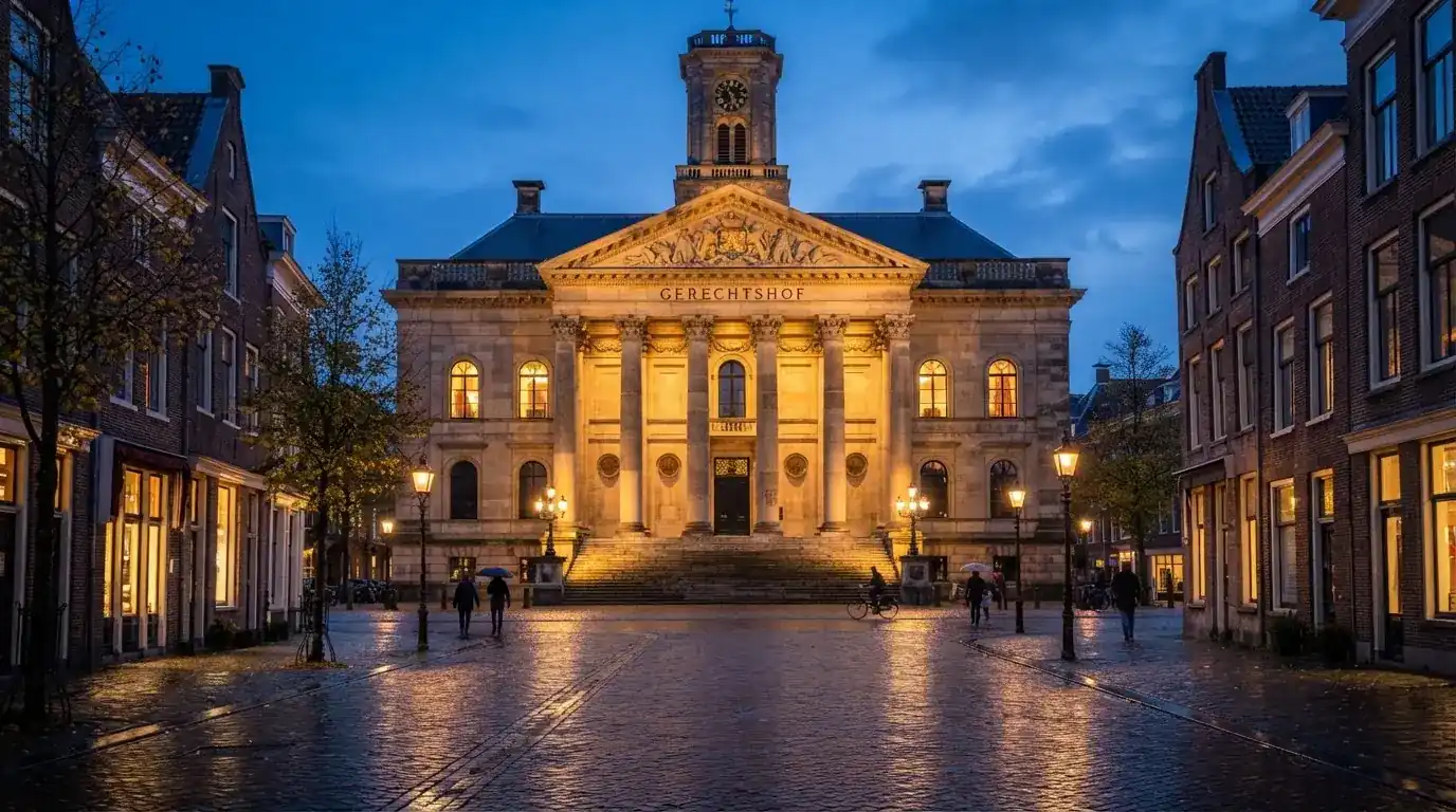 Een statig gerechtsgebouw met verlichte zuilen staat in de avondschemering in een Nederlandse stad.
