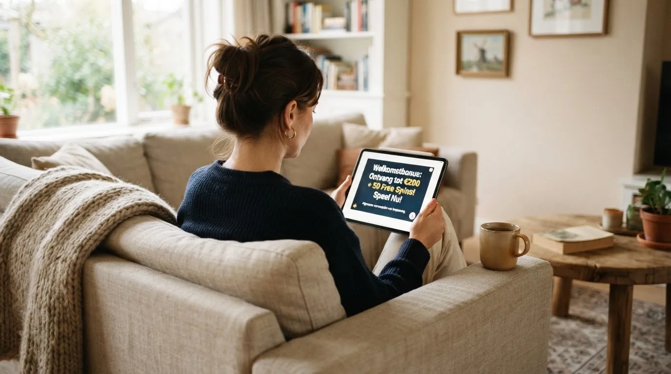 Een vrouw bekijkt ontspannen een tablet op de bank in een lichte woonkamer met een kop thee op de salontafel.