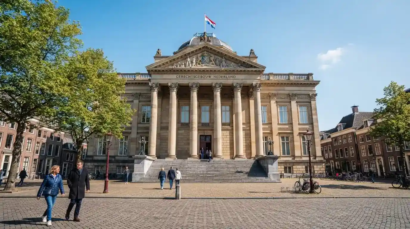 Een klassiek gerechtsgebouw met hoge zuilen staat onder een blauwe lucht in een Nederlandse binnenstad.