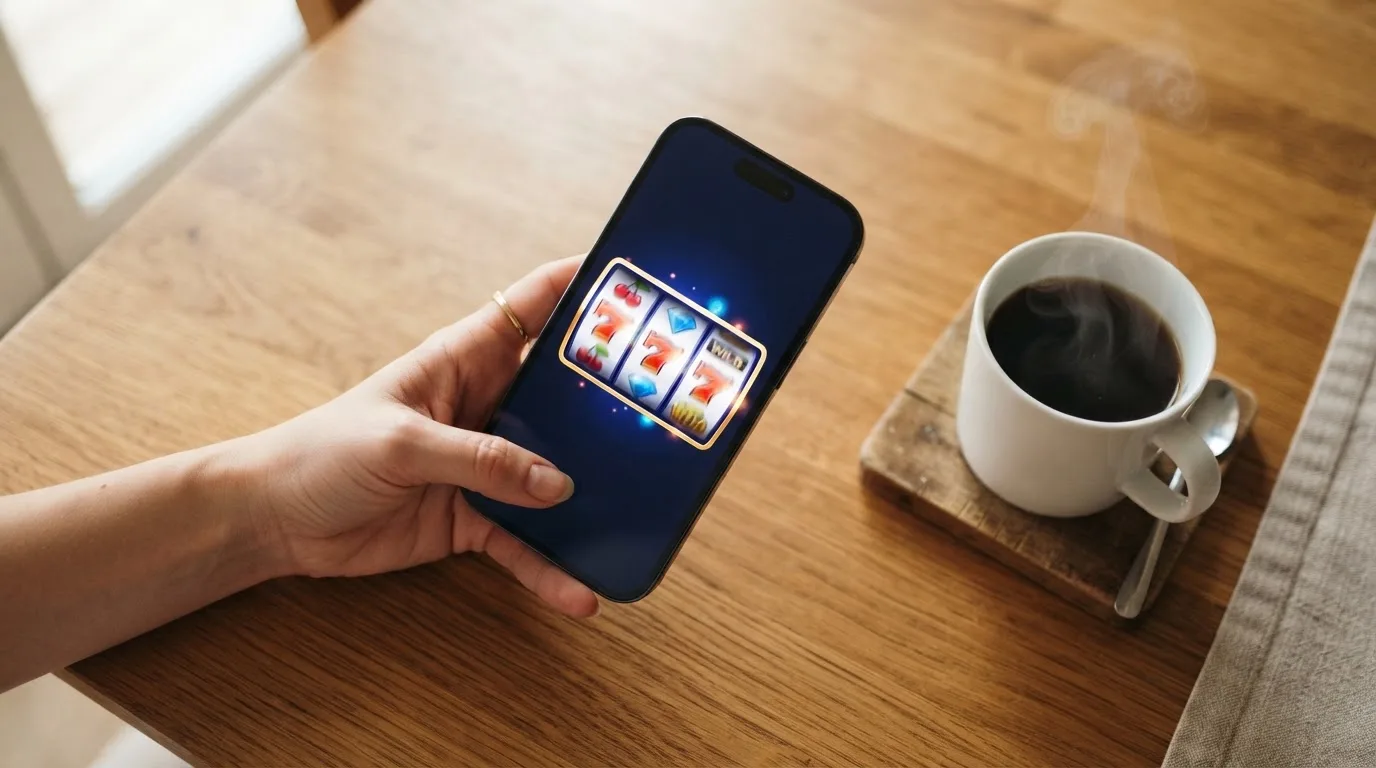 Een hand houdt een smartphone vast boven een houten tafel met een kopje koffie ernaast, in zacht daglicht.