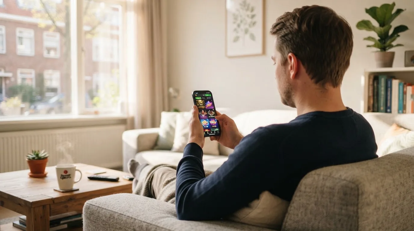 Een man bekijkt ontspannen zijn telefoon op de bank in een lichte woonkamer met een kop koffie op de salontafel.