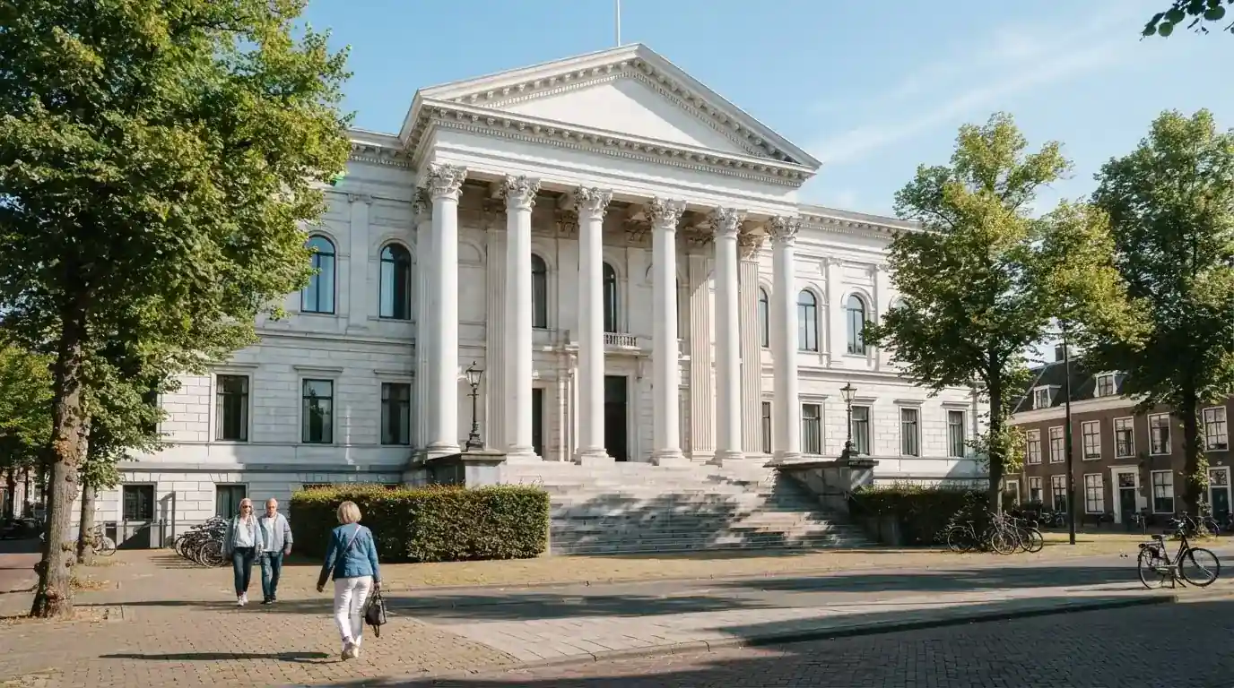 Een klassiek gerechtsgebouw met zuilen staat onder een blauwe lucht in een rustige Nederlandse stad.