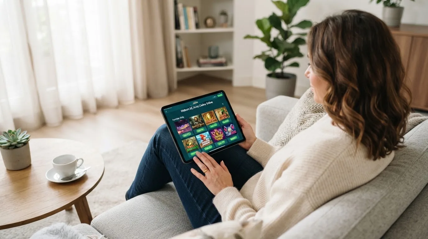Een vrouw bekijkt ontspannen een tablet op de bank in een lichte woonkamer met een kop thee op de salontafel.