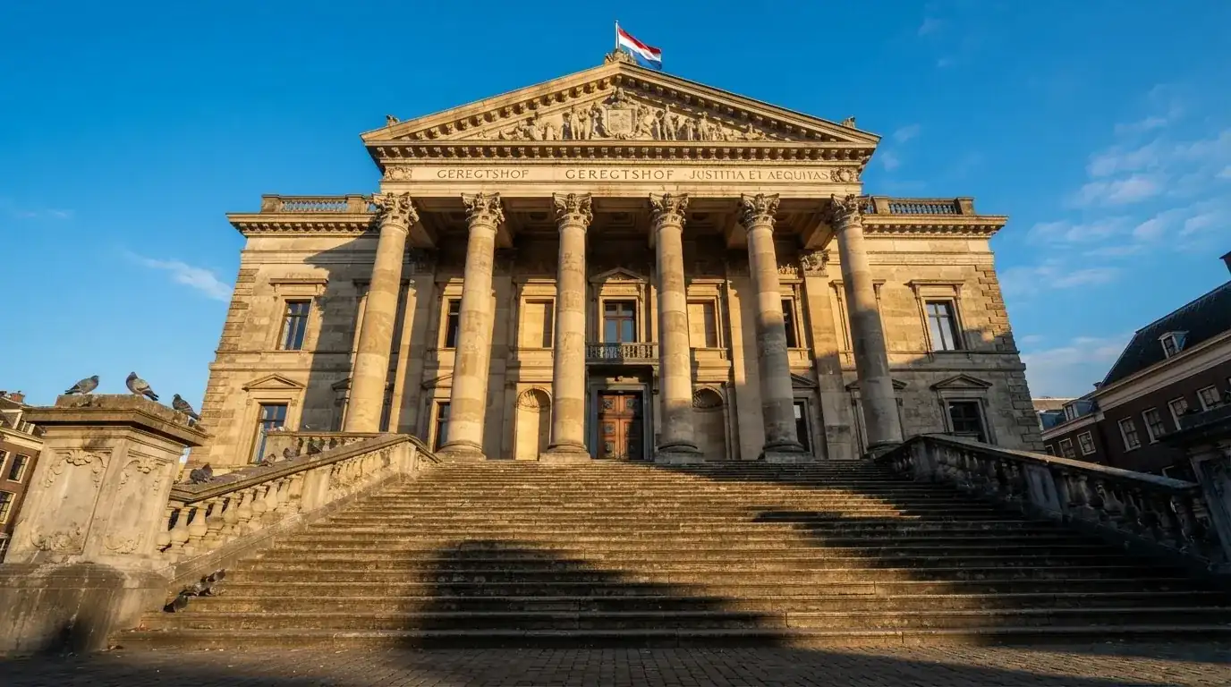 Een klassiek gerechtsgebouw met hoge zuilen staat onder een heldere hemel in een Nederlandse stad.