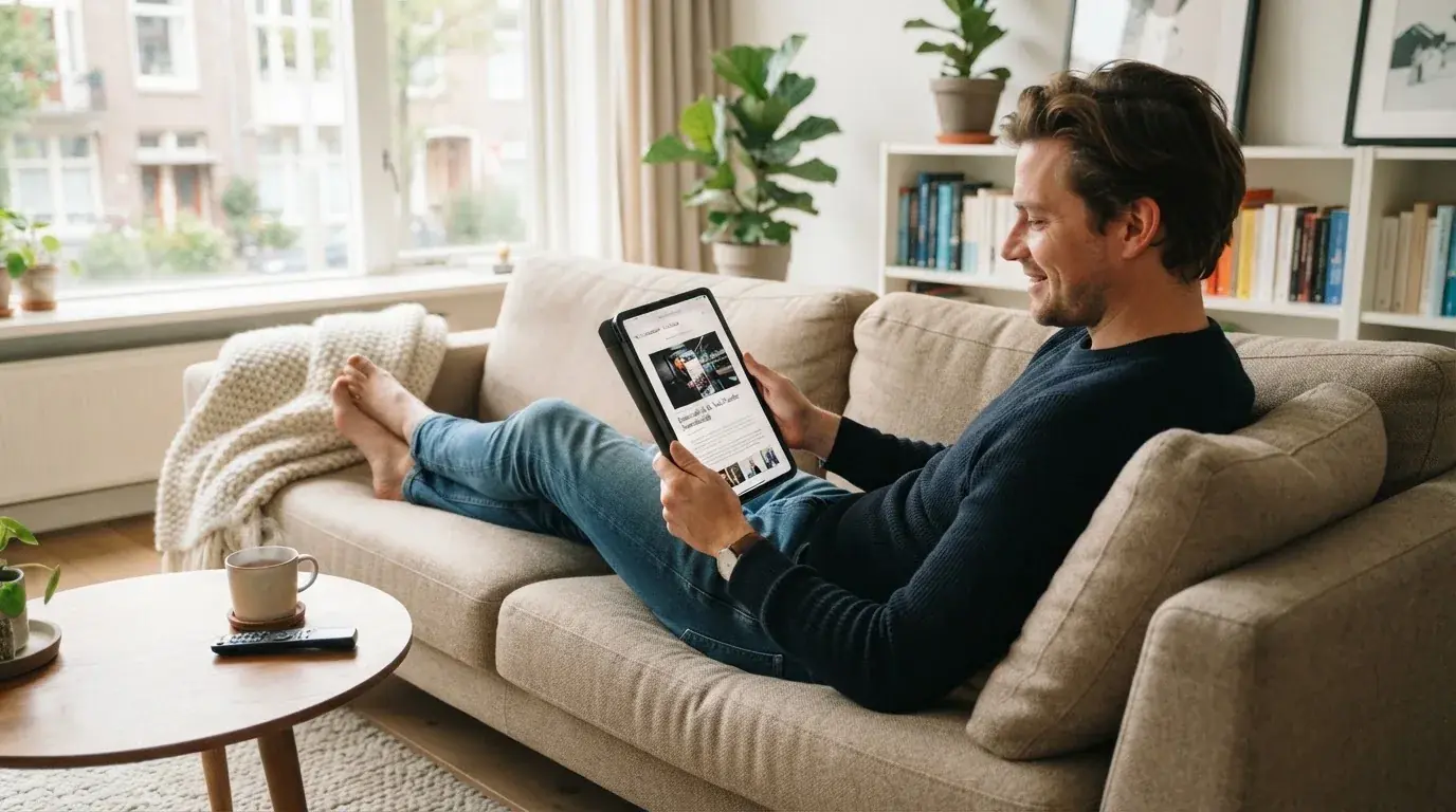 Een man bekijkt ontspannen een tablet op de bank in een lichte woonkamer met een kop thee op de salontafel.
