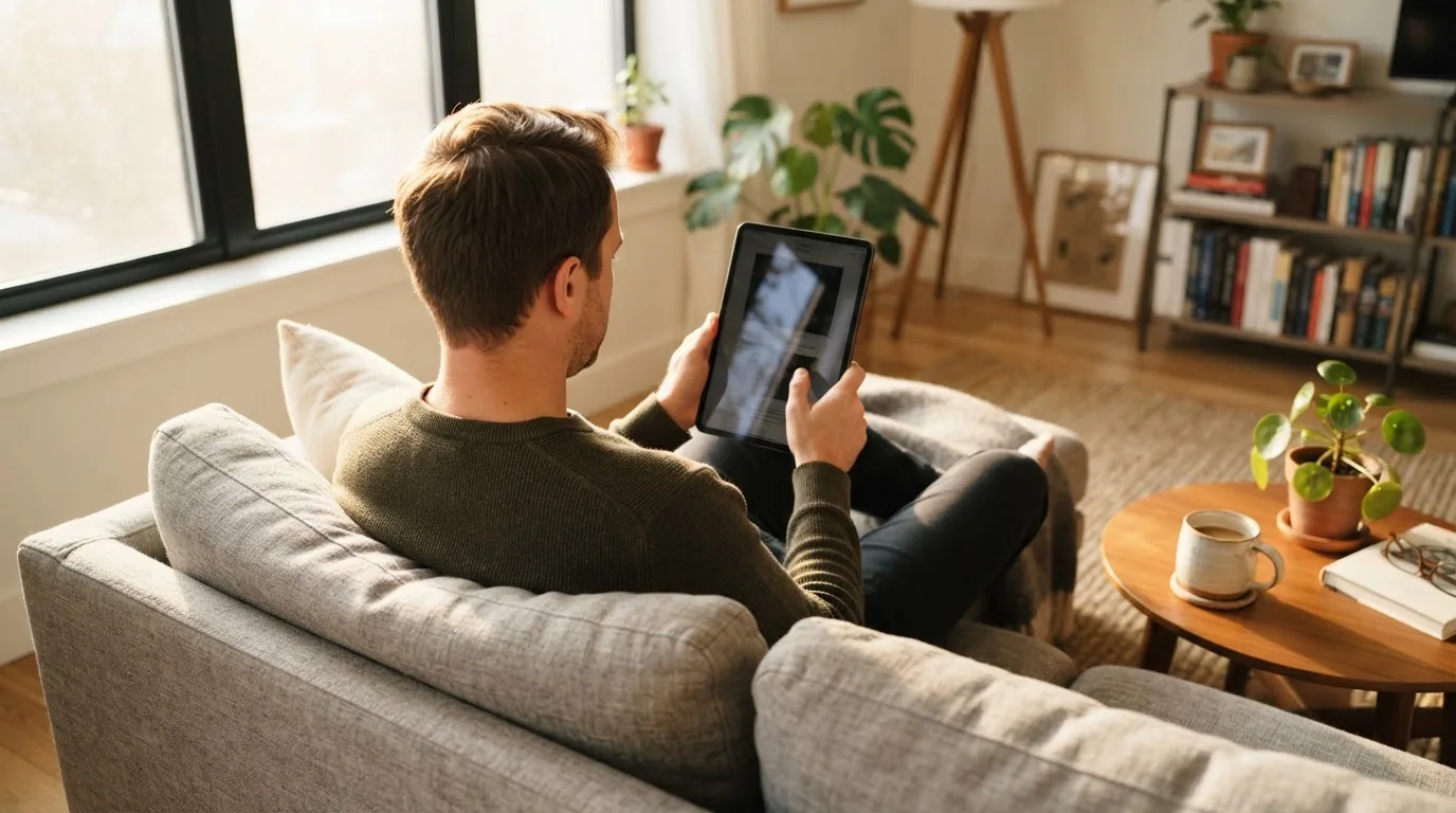 Een man bekijkt ontspannen een tablet op de bank in een lichte woonkamer met een kop koffie op de salontafel.