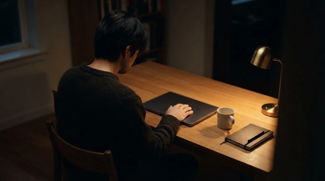 Een persoon zit alleen aan een bureau en kijkt peinzend naar een laptop met het scherm uit, in gedimd licht.