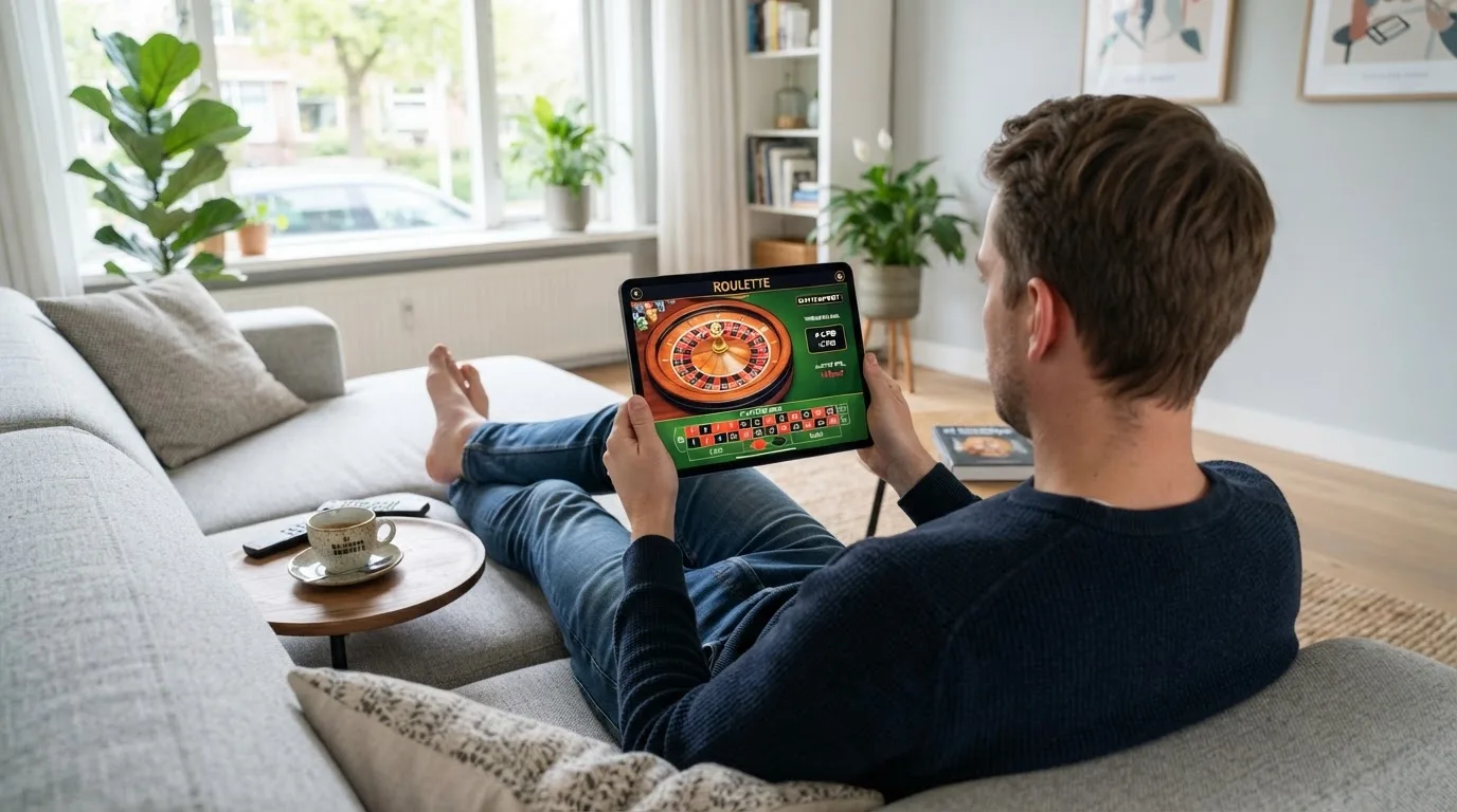 Een man bekijkt ontspannen een tablet op de bank in een lichte woonkamer met een kop koffie op de salontafel.