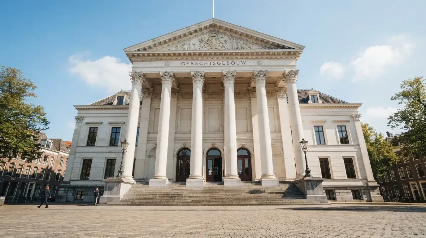 Een klassiek gerechtsgebouw met hoge zuilen staat onder een heldere hemel in een Nederlandse stad.