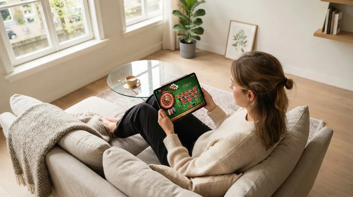 Een vrouw bekijkt ontspannen een tablet op de bank in een lichte woonkamer met een kop koffie op de salontafel.