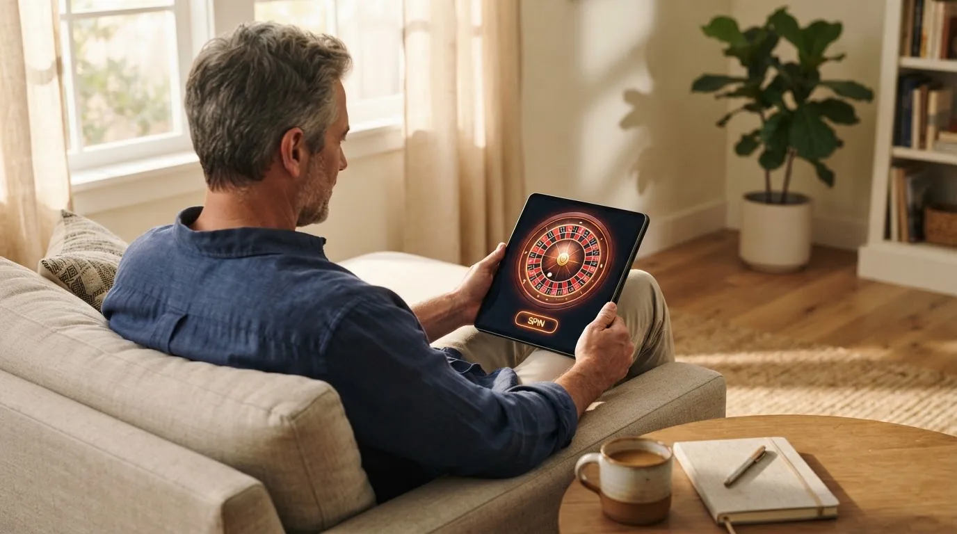 Een man bekijkt ontspannen een tablet op de bank in een lichte woonkamer met een kop thee op de salontafel.