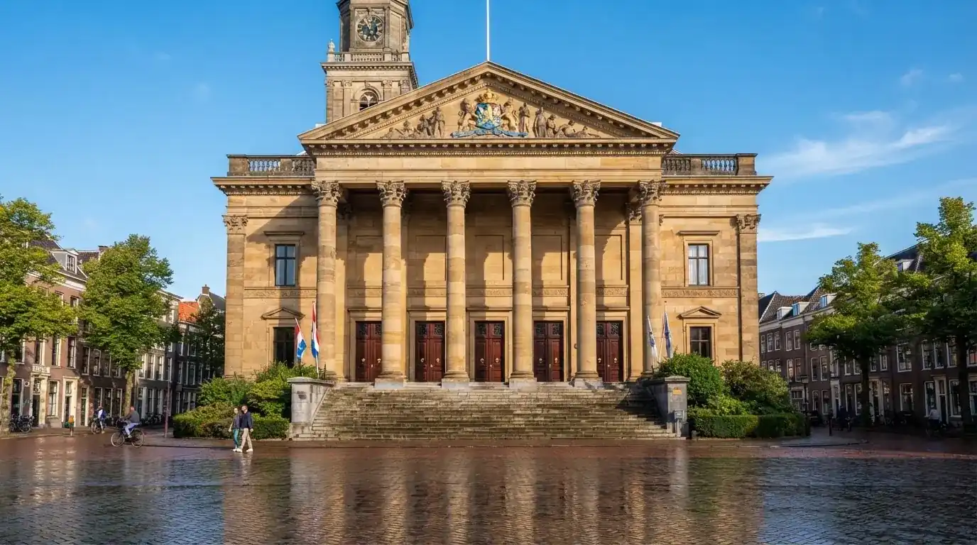 Een klassiek gerechtsgebouw met hoge zuilen staat onder een heldere hemel in een Nederlandse stad.