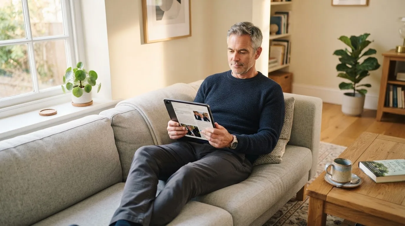 Een man bekijkt ontspannen een tablet op de bank in een lichte woonkamer met een kop koffie op de salontafel.
