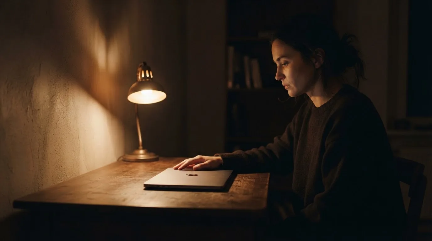 Een persoon zit alleen aan een bureau en kijkt peinzend naar een laptop met het scherm uit, in gedimd licht.