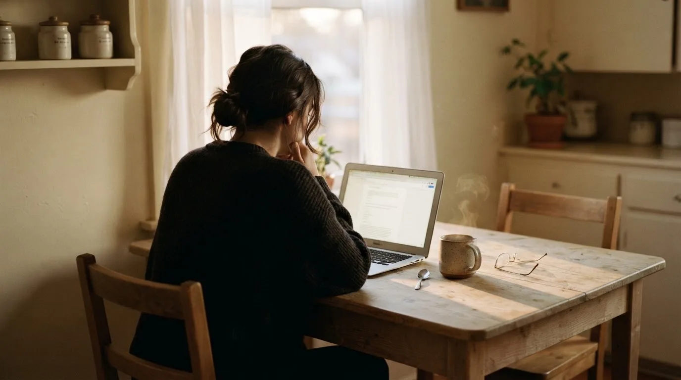 Een persoon zit alleen aan een keukentafel en kijkt peinzend naar een laptop, met een kop koffie ernaast in het vroege ochtendlicht.