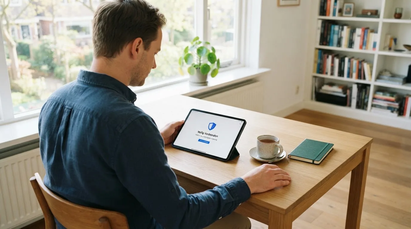 Een man zit aan een bureau in een lichte woonkamer en kijkt naar het scherm van een tablet die naast een kop thee ligt.