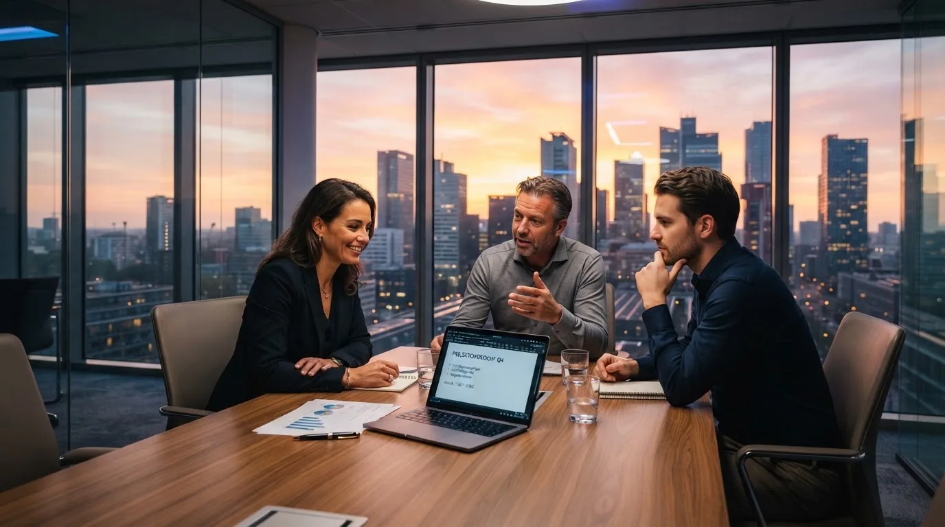 Een klein team overlegt rond een tafel in een glazen vergaderruimte met uitzicht op een stedelijke skyline bij zonsondergang.