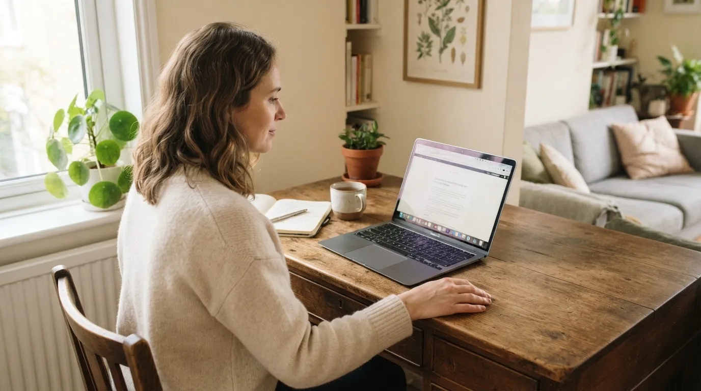 Een vrouw zit aan een houten bureau en bekijkt rustig het scherm van een laptop in een lichte woonkamer.