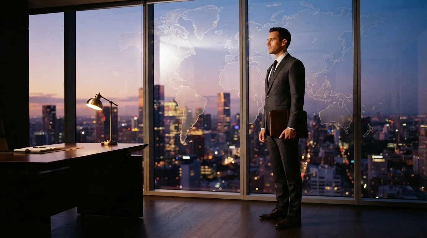 Een jurist in kostuum staat voor een grote glazen wand met een wereldkaart in een modern kantoor tijdens de avondschemering.