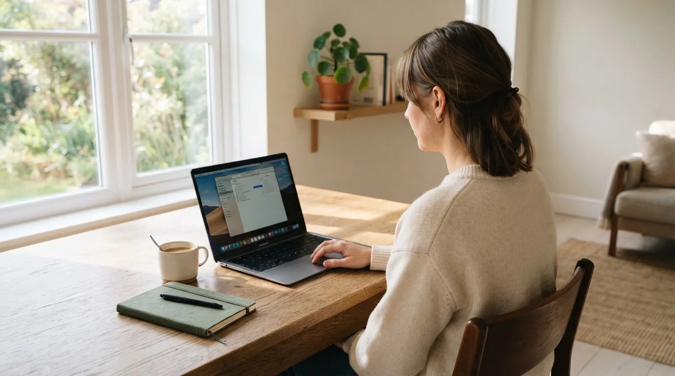 Een vrouw zit aan een houten bureau en bekijkt rustig het scherm van een laptop in een lichte woonkamer.
