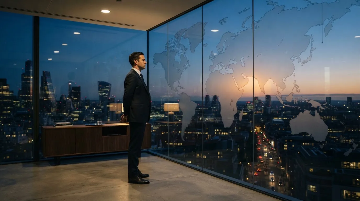 Een jurist in kostuum staat voor een grote glazen wand met een wereldkaart in een modern kantoor tijdens de avondschemering.