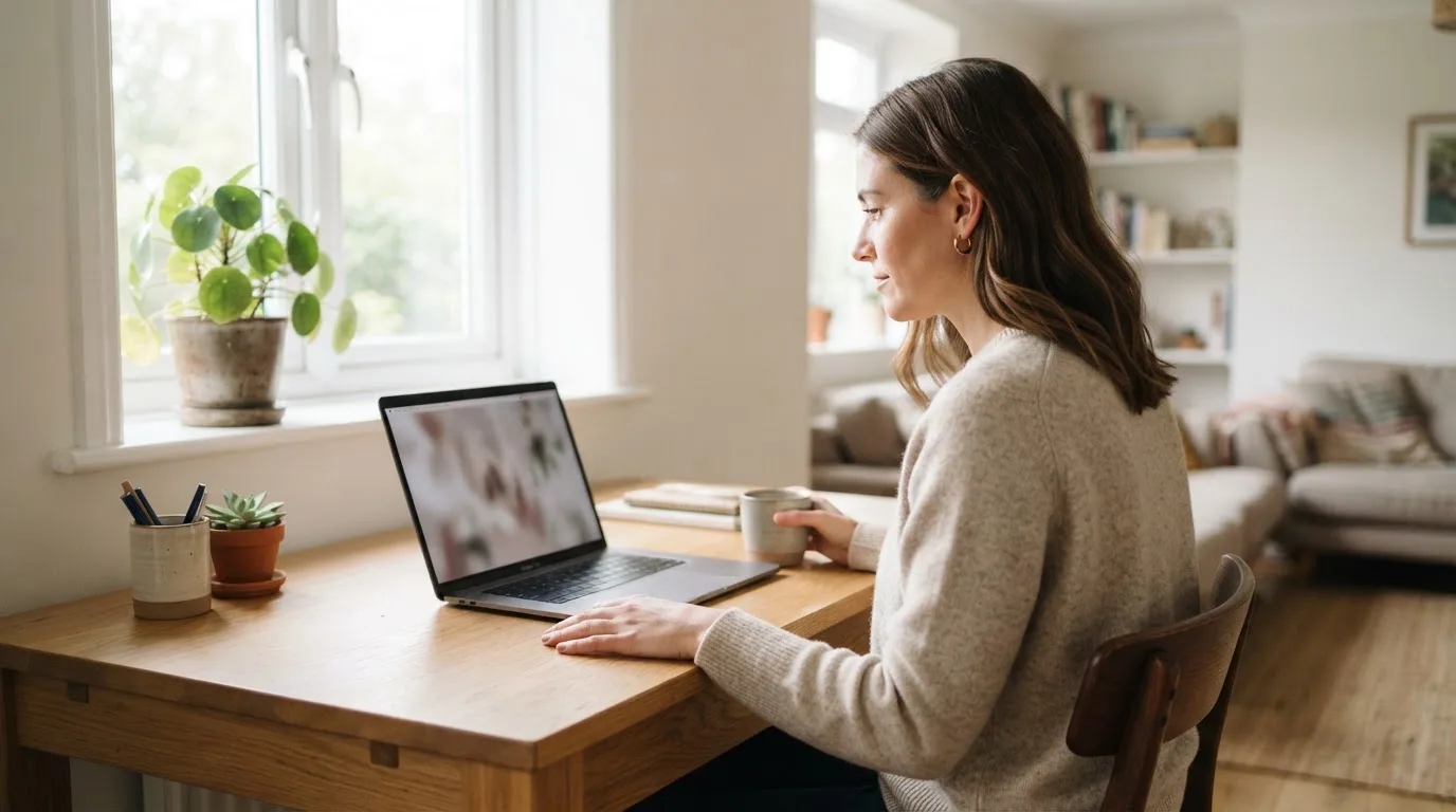 Een vrouw zit aan een houten bureau en bekijkt rustig het scherm van een laptop in een lichte woonkamer.