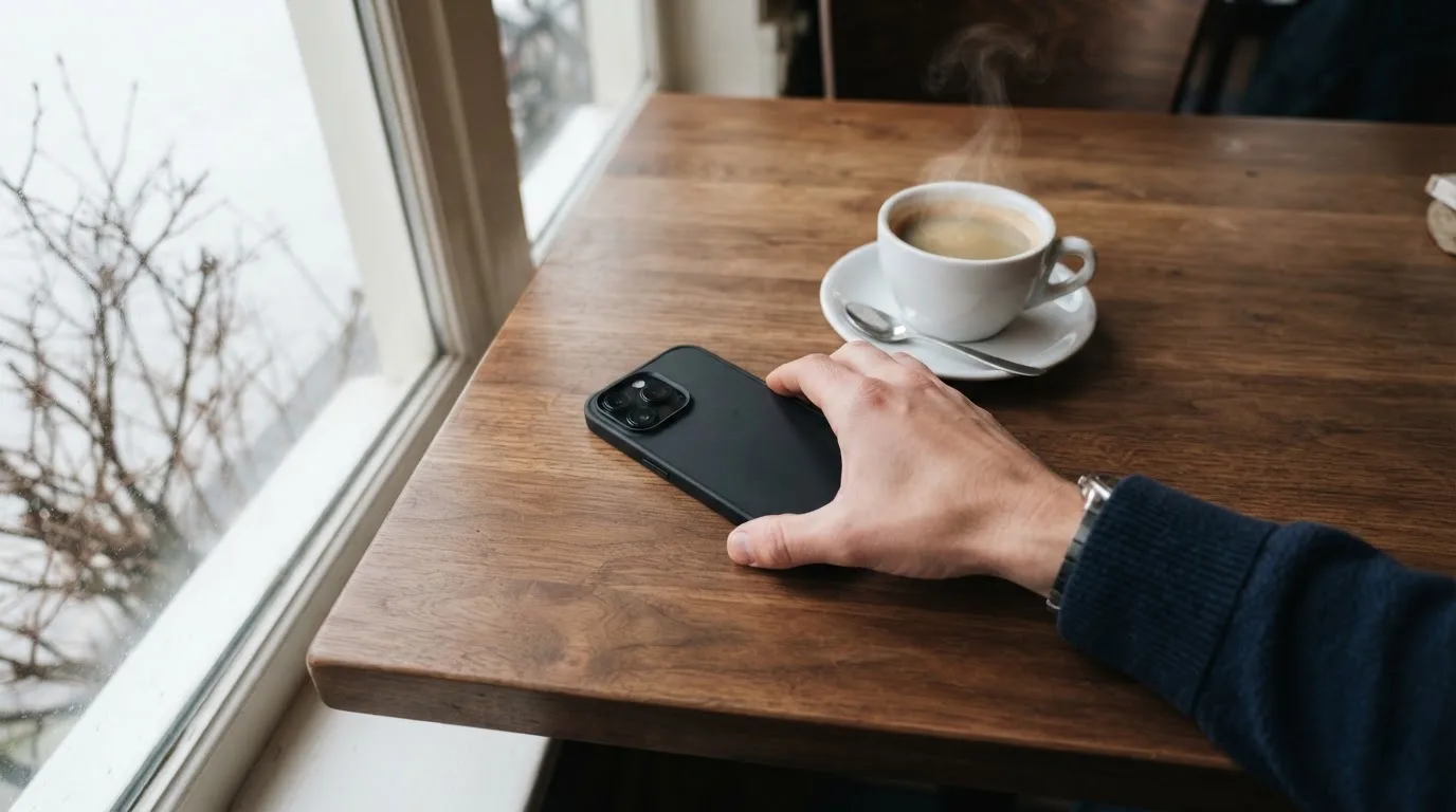 Een man legt zijn telefoon rustig weg en kijkt uit het raam met een kop koffie op tafel.