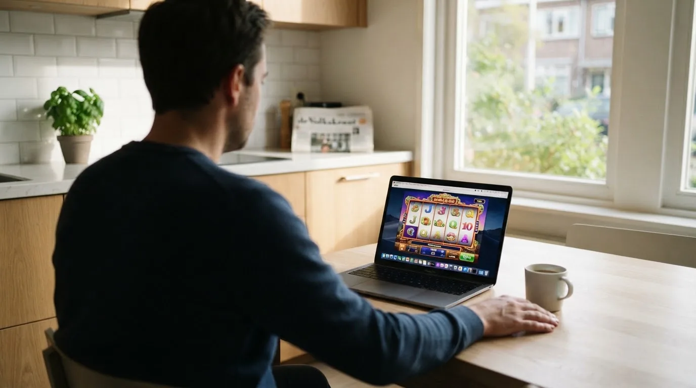 Een man zit thuis aan tafel met een kop koffie en bekijkt rustig zijn laptop.