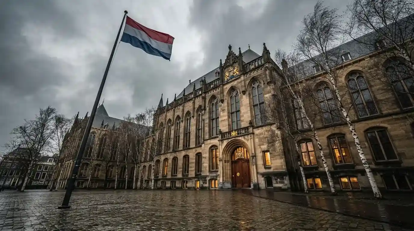 Een statig kantoorgebouw met een Nederlandse vlag ervoor onder een bewolkte hemel.