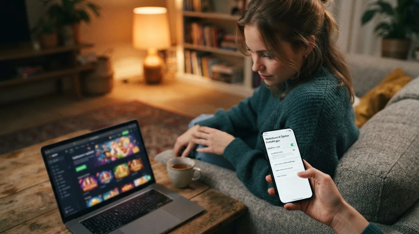Een jonge vrouw zit ontspannen op de bank met een smartphone in haar hand, terwijl een laptop met onscherp scherm op de salontafel staat.