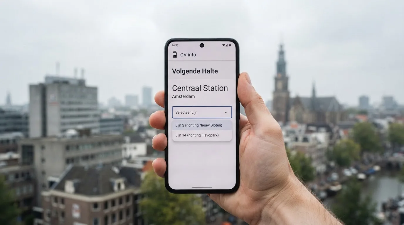 Een close-up van een hand die een smartphone vasthoudt buiten voor een grijs kantoorgebouw, met een wazige skyline van een Nederlandse stad op de achtergrond.