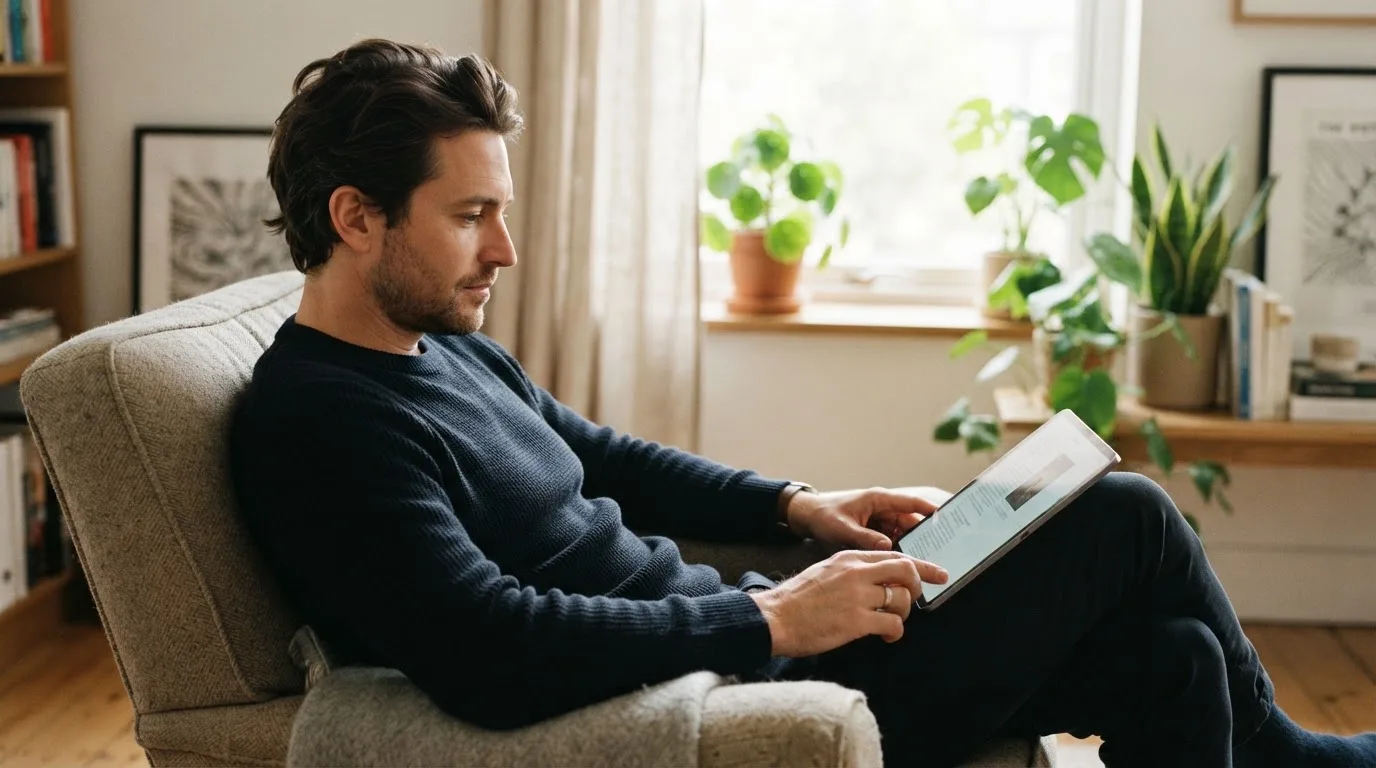 Een man leunt achterover op een stoel met een tablet op schoot, in een lichte woonkamer met planten op de achtergrond.