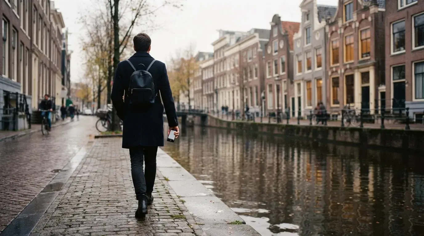 Een persoon loopt met een telefoon in de hand langs een grachtenpand in een Nederlandse stad, met wazige gevels op de achtergrond.