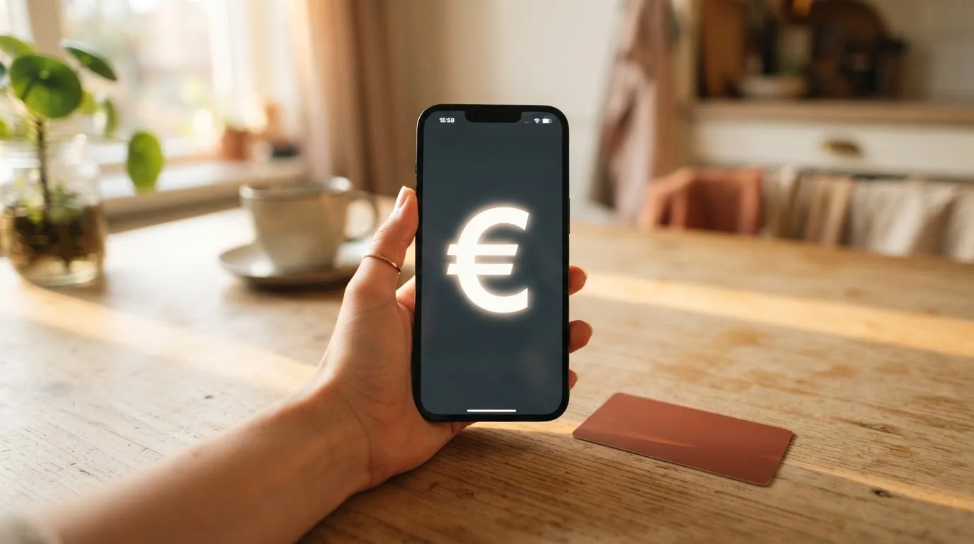 Iemand houdt een betaalkaart en een smartphone vast aan een keukentafel tijdens de ochtend.