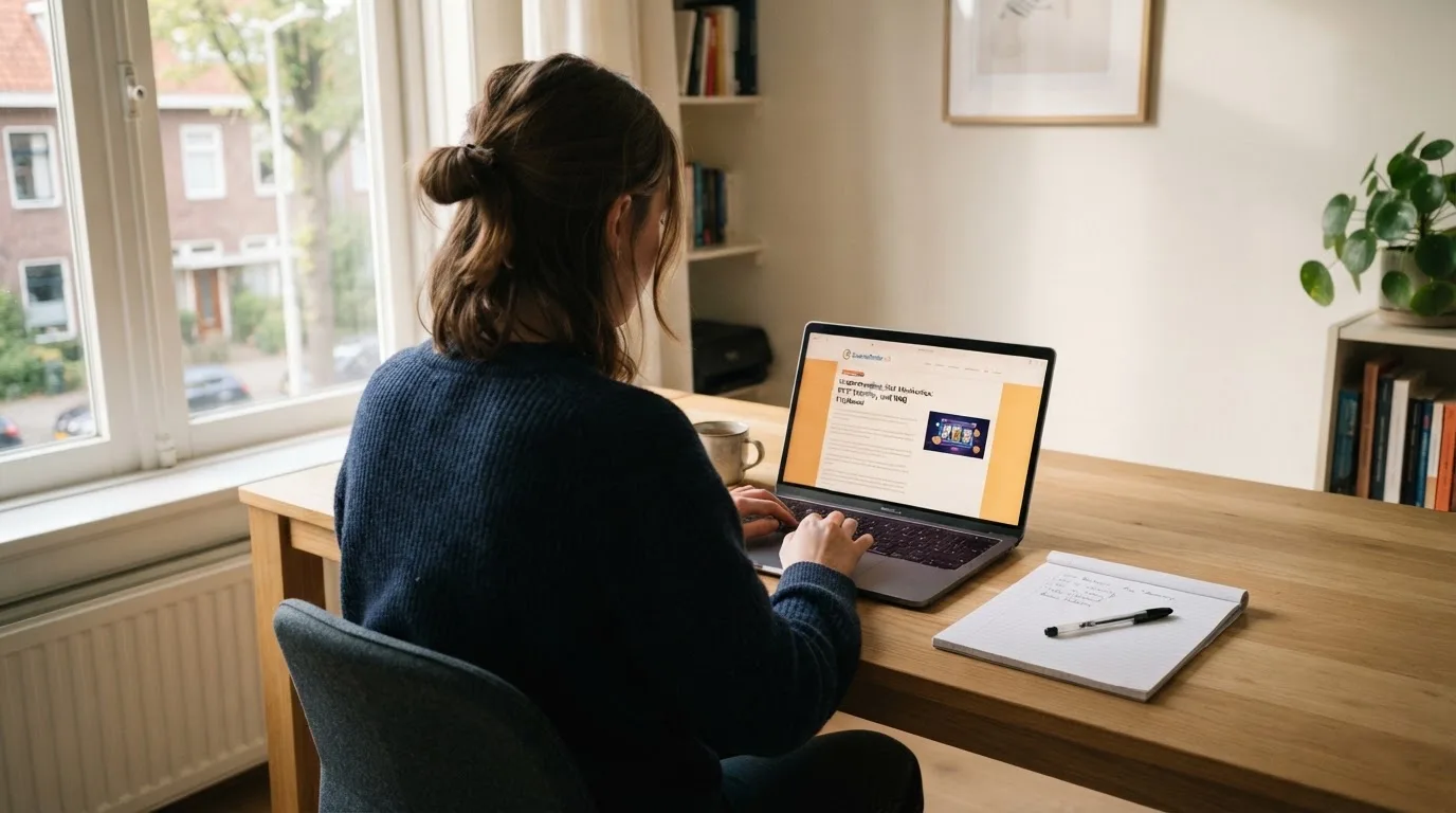 Een persoon zit aan een bureau thuis met een laptop open en een notitieblok ernaast in daglicht.