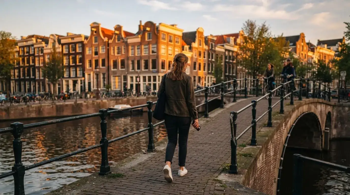 Een volwassene loopt over een brug in een Nederlandse stad met een telefoon in de hand bij zonsondergang.
