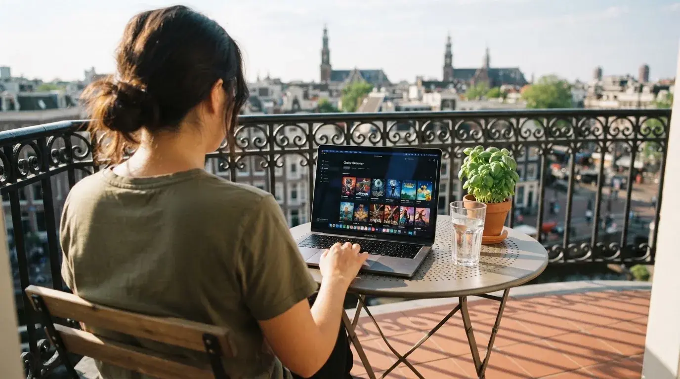 Een persoon zit op een balkon met een laptop open tijdens een zonnige namiddag.