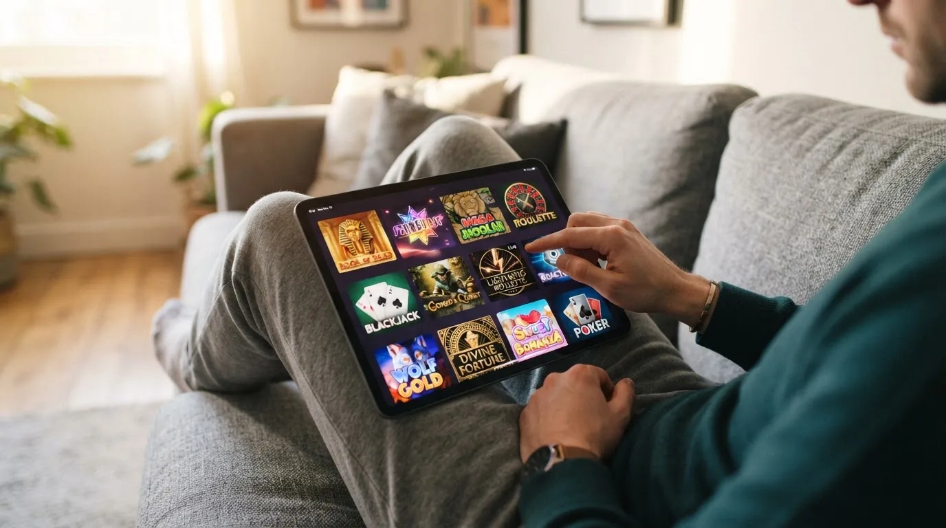 Een persoon vergelijkt informatie op een tablet terwijl er comfortabel op een bank wordt gezeten.
