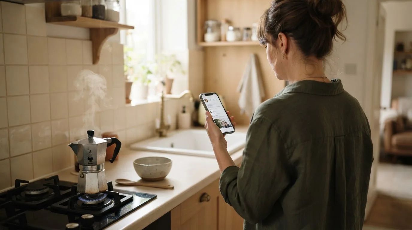 Een volwassene staat in een keuken en bekijkt een smartphone terwijl er koffie wordt gezet.