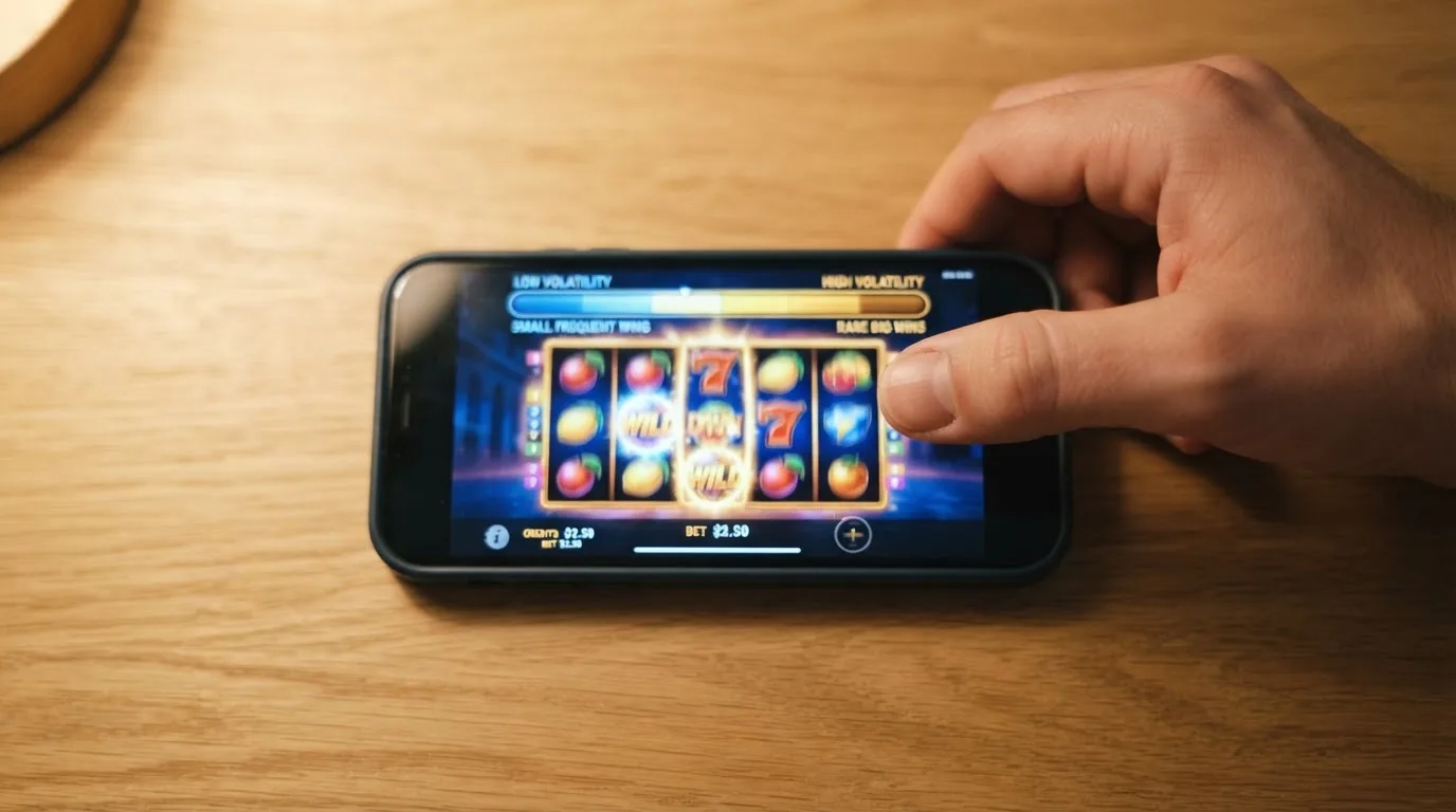 Close-up van een hand die door een smartphone scrollt op een houten bureau.