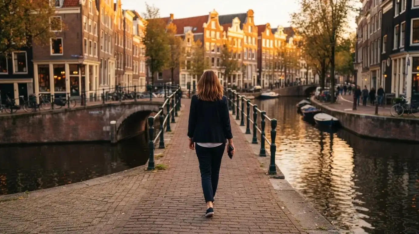 Een volwassene loopt over een brug in een Nederlandse stad met een telefoon in de hand.