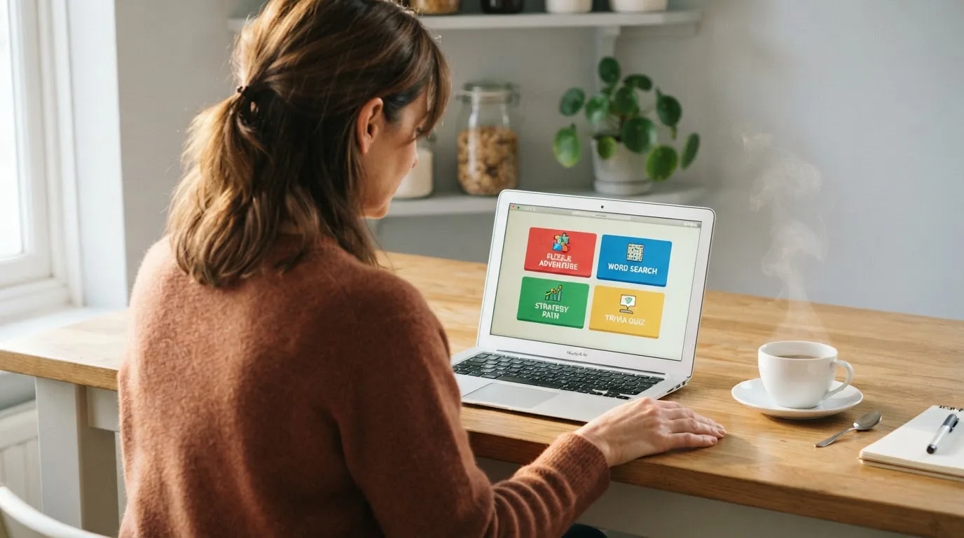 Een vrouw bekijkt rustig op haar laptop de opties voor online spelen aan de keukentafel, met een kopje koffie ernaast.